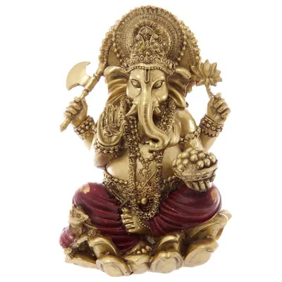 Zdjęcie produktu dla Złota figurka Ganesha z czerwonymi akcentami, hinduskie bóstwo na prezent, figurka ok. 16 cm