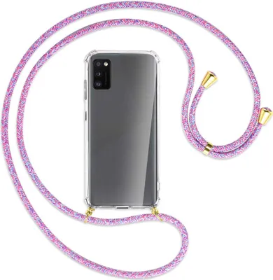 Produktbild von Handykette Backcover-Schutzhülle mit Band (Metall goldfarben) für Samsung Galaxy A41 (A415) - lila/rosa/blau