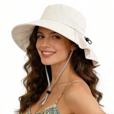 Produktbild von Sonnenhut Damen Nackenschutz Breite Krempe Faltbar Beige Polyester