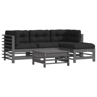 Produktbild von 5-tlg. Garten-Lounge-Set mit Kissen Grau Massivholz