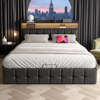 Produktbild von 140 x 190 cm großes Stauraumbett in schwarzem Kunstleder mit RGB-LED-Beleuchtung, Kopfteil mit USB-/Typ-C-Anschlüssen und integriertem Stauraum