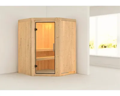 Produktbild von Plug & Play Sauna Karibu Kanja ohne Ofen ohne Dachkranz mit Ganzglastüre aus Klarglas