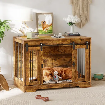 Produktbild von Hundekäfig Tierkäfig mit Schiebetür, Hundebox Hundehaus mit Tischoberfläche Transportbox Drahtkäfig, Hundekiste Beistelltisch, 105x75.4x58cm