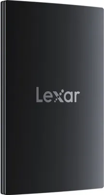 A black Lexar external SSD is shown from a slightly angled front view.