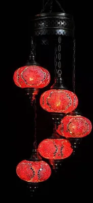 Image de Lampe suspendue turque - Lampe mosaïque - Lampe marocaine - Artisanat authentique - Lustre rouge à 5 boules
