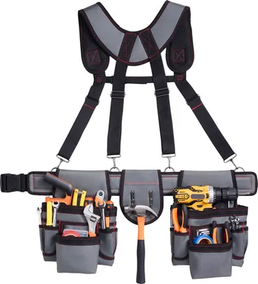 Immagine prodotto di SucceBuy cintura portautensili con 22 tasche e bretelle, borsa da cintura per elettricisti, carpentieri e operai edili, organizzatore di utensili, porta martello, regolabile da 810 a 1730 mm