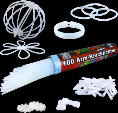 Produktbild von 100 weiße Arm-Knicklichter incl. 100 TopFlex, zwei 3fach und 2 Ballverbinder – e Qualität aus DE