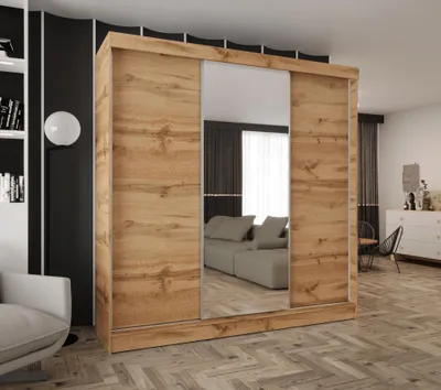 Produktbild von Schwebetürenschrank 3-türig 240x205x58 cm Eiche Wotan mit 1 Spiegel – Moderner Kleiderschrank