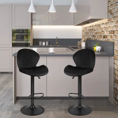 Image de lot de 2 tabourets de bar Chaise de bar en velours Chaise de comptoir Tabouret de cuisine pivotant avec dossier Noir