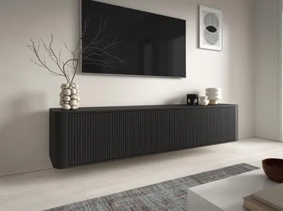 Produktbild von TV-Schrank Hängende RTV Kommode 200 cm Misterio mit Lamellen, abgerundeten Seiten und 3 Schränke - Schwarz