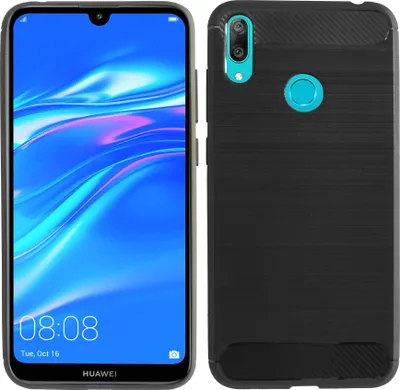 Produktbild von Silikon Hülle Carbon kompatibel mit HUAWEI Y7 2019 Case TPU Soft Handyhülle Cover Schutzhülle Schwarz