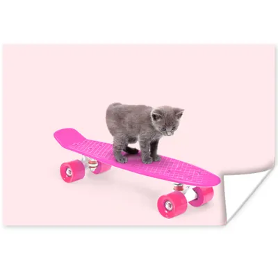 Produktbild von MuchoWow® Poster Katze - Kätzchen - Tiere - Skateboard - Rosa 180x120 cm - Fotoplakat