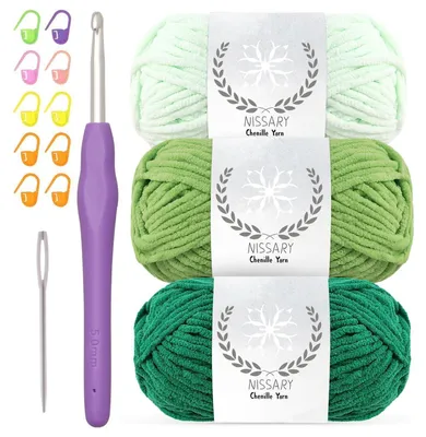 Obrázek produktu pro Sada příze chenille pro háčkování, 3 x 50 g, s háčkem 5 mm, huňatá, zelená