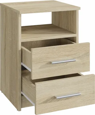 A wooden nightstand with two drawers and an open shelf.