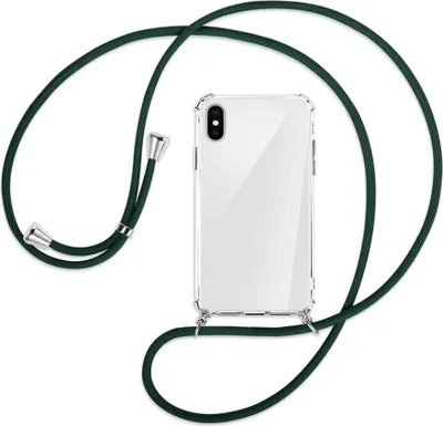 Produktbild von Handykette Backcover-Schutzhülle mit Band (Metall silberfarben) für Apple iPhone X / XS / 10 - dunkelgrün