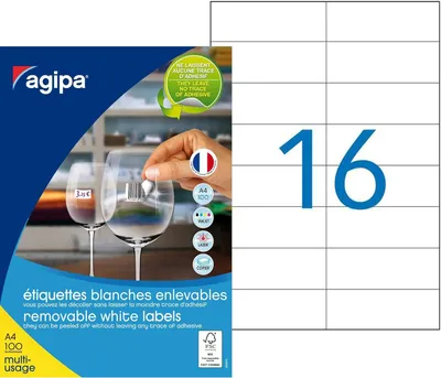 Produktbild von Etikety univerzálne odnímateľné 105x37 mm Agipa A4 100 hárkov