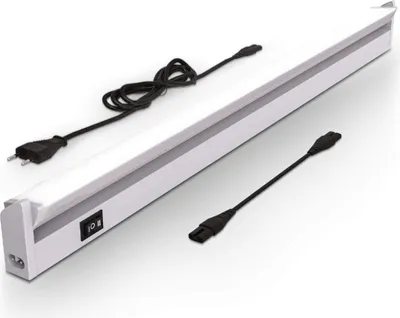 A white LED under-cabinet light with a power cord and an extension cord on a white background.