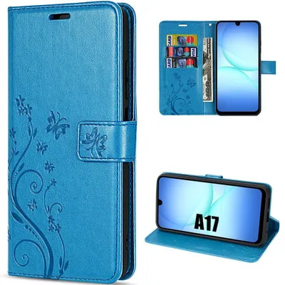 Image de Coque pour Samsung Galaxy A17 4G/5G, Protection Rabat Cuir Synthétique Antichoc Bleu Motif Papillon
