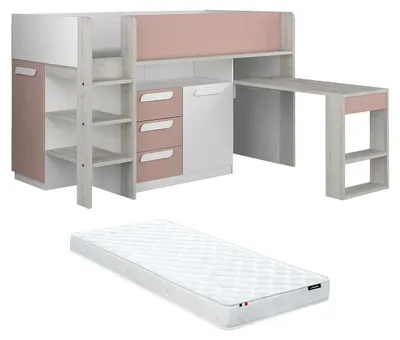 Produktbild von Kombibett mit Matratze - 90 x 200 cm - Mit Schreibtisch & Stauraum - Rosa, Holzfarben & Weiß - LOUKALA
