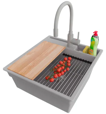 Produktbild von PRIMAGRAN Granitspüle Grau 48x53cm, Spülbecken 1 Becken + Küchenarmatur 38x14cm + Ablauf-Set + Küchenzubehörset, Küchenspüle ab 50er Unterschrank - Oslo Pocket