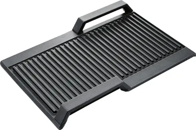 Produktbild von Bosch Grillplatte HEZ390522, Induktionsgeeignet, 37 x 25 cm, Aluminiumguss mit Keramikbeschichtung, Schwarz, Antihaftbeschichtung, Rechteckig, mit Öltropfen-Blech