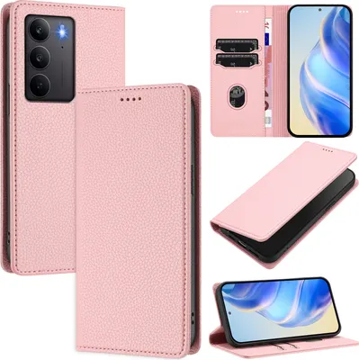 Produktbild von Litchi Leder Handyhülle für Realme C75 4G Wallet Kartenfächer Standfunktion Hülle Pink