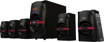 A set of black Akai speakers and a subwoofer are arranged on a white background.