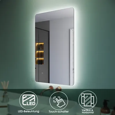 Obrázek produktu pro Koupelnové zrcadlo SONNI s LED osvětlením a dotykovým spínačem energeticky úsporné nástěnné zrcadlo IP44 80 x 50 cm