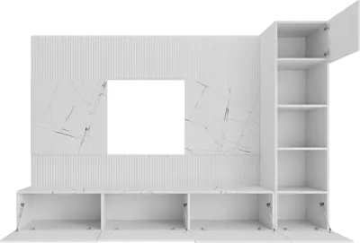 A white modular living room furniture set with open cabinets and shelves, featuring a marble-effect surface and a textured back panel.