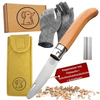 Produktbild von Eli® Schnitzmesser Kinder mit Filztasche ab 6 Jahre - Taschenmesser - Kindermesser Schnitzset inkl. schnittfeste Handschuhe - Kinderschnitzmesser gelb, KI-generiertes Bild