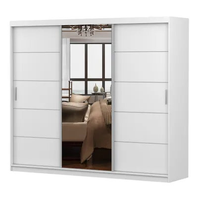Produktbild von Schwebetürenschrank Kleiderschrank 250cm Weiß/Weiß mit Spiegel und Schubladen LION