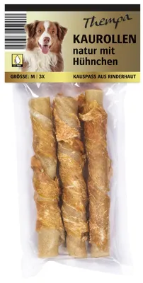 Produktbild von 24x 120g Thempa Kaurolle natur Rinderhaut mit Hühnchen Hundefutter Leckerli 72 Sticks