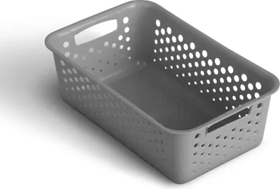 A gray storage basket with holes and handles, shown from a slightly elevated side angle on a white background.