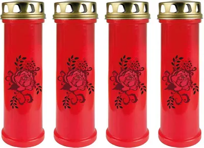 Produktbild von Grabkerze Rot 4er Pack, Brenndauer: 100 Stunden ( je Kerze ), Motiv: Rose Ranke