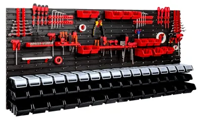 Produktbild von Werkzeugwand – 1728 x 780 mm - Lagersystem SET Lochwand mit Werkzeughaltern und Stapelboxen mit Deckel - Wandregal Werkstattregal Schüttenregal Sichtlagerkästen