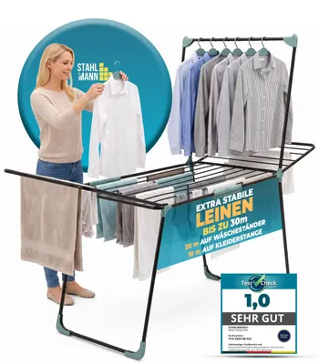 Produktbild von STAHLMANN® Wäscheständer XXL [30 m Trockenfläche] 2-in-1 mit Kleiderstange, 20 m Flügel + 10 m Stange, inkl. 3 Kleiderbügel, Sockenhalter, bis 25 kg, Schwarz