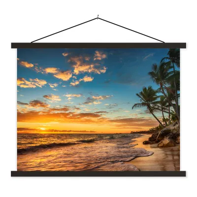 Produktbild von MuchoWow® Textilposter Strand - Sonnenuntergang - Meer - Palme 150x113 cm mit schwarzem Rahmen - Wohnzimmer