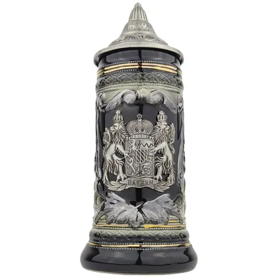 Produktbild von Bierkrug mit Deckel 0,7L – Bayern Motiv Steinkrug mit Metallwappen – Geschenkidee für Männer & Bierliebhaber (Schwarz/Braun)