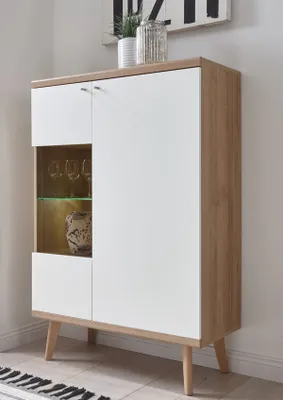 Produktbild von Vitrine Merle 90cm eiche riviera / weiß matt Wohnzimmer Highboard Standvitrine