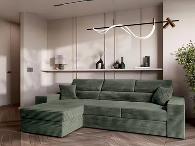 Image de AX LIVING Belek Canapé d'angle avec fonction sommeil en vert olive Cord 272 cm