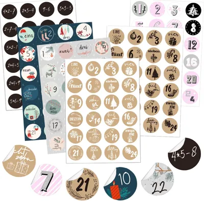 Produktbild von Adventskalender-Zahlensticker – 6 x 24 Adventszahlen-Aufkleber für Weihnachten – Geschenkaufkleber – Selbstklebende Etiketten