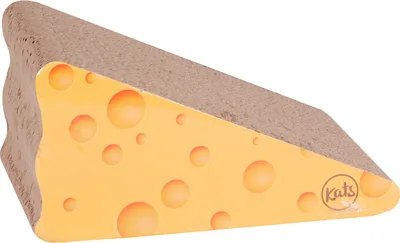 A wedge-shaped cat scratching post designed to look like a piece of cheese.