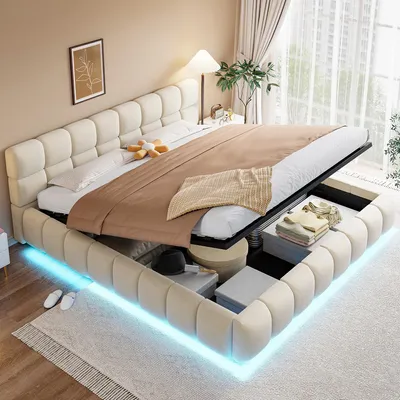 Obrázek produktu pro Postel s úložným prostorem, hydraulicky zvednutelná, rozměry 180x200 cm, manželská postel, barva béžová - LED osvětlení - čalouněná opěrka hlavy - sametový potah