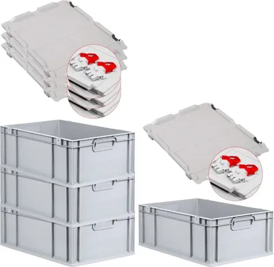 Produktbild von SuperSparSet 4x Eurobox NextGen Economy mit Scharnierdeckel und roten Schiebeschnappverschlüssen | Griffe geschlossen | HxBxT 22x40x60cm | 44 Liter | Eurobehälter, Transportbox, Transportbehälter, Stapelbehälter