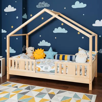 Produktbild von MEBLE WRÓBEL Kinderbett 80x160 cm – Bett mit Rausfallschutz & Lattenrost - Hausbett aus Kiefer Unlackiert - Kleinkindbett für Jungen & Mädchen - Standhöhe 10 cm
