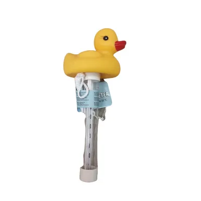 A yellow rubber duck thermometer for a bathtub.