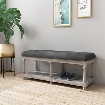 Image de Banc à chaussures - Rangement à chaussures - Banc de rangement - Banc d'entrée - Banc assise - Aspect lin gris - Pieds en bois