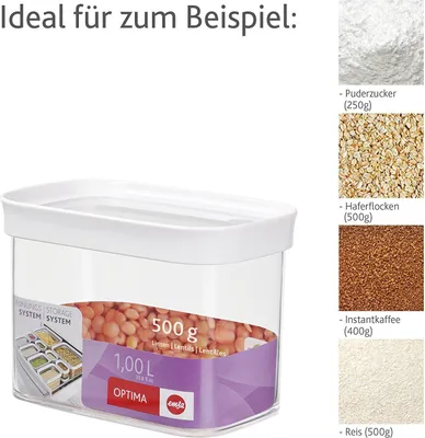 A transparent food storage container with a white lid, filled with lentils, shown alongside images of other food items like powdered sugar, oats, instant coffee, and rice.