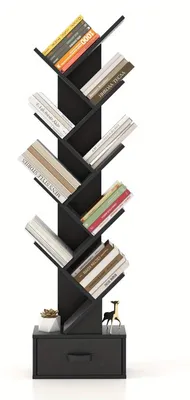 Image de Bibliothèque - Étagère à livres - Meuble de rangement - Étagère - Meuble avec tiroir - Résine noire - 8 étagères