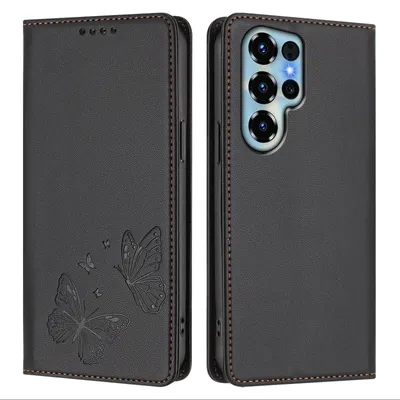 Produktbild von Lederhülle für Oukitel C68, Schmetterling Prägung Leder Brieftasche Schutzhülle mit Ständer Schwarz
